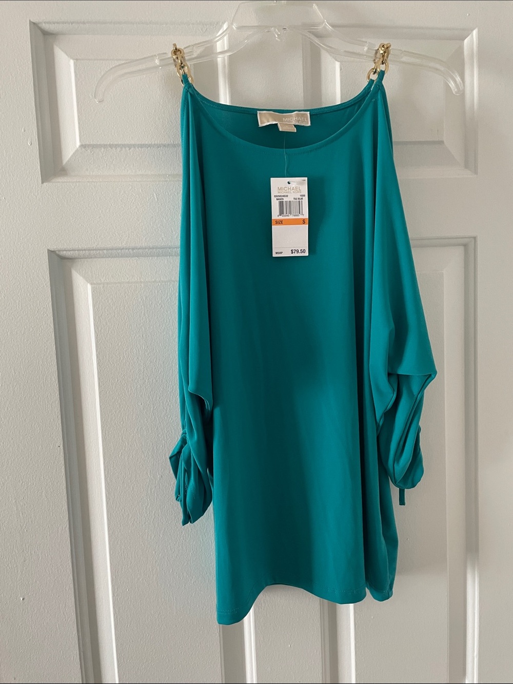 Michael Kors Teal Open-Shoulder Shift Dress